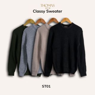 Áo len cổ tròn trơn ST01B Thomas Stu Classy Sweater Cream len lông cừu mềm, mượt chính hãng hỗ trợ đổi hàng