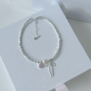 Lắc tay bạc nữ Laura Jewelry vòng tay hạt bạc vỡ treo Charm nơ thắt và trái tim đá hồng nữ tính dễ thương LJ0372L