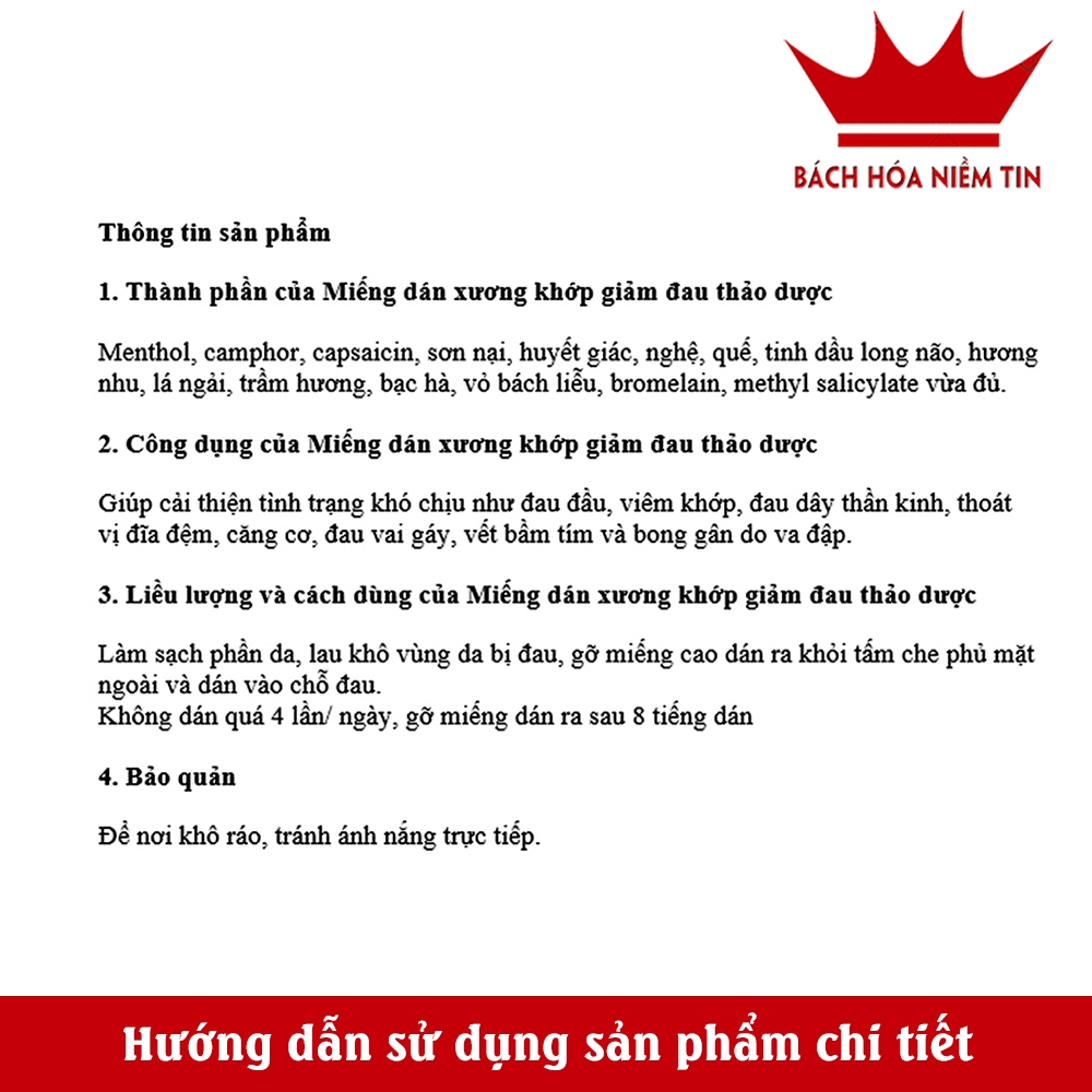 Miếng dán giảm đau xương khớp thảo dược Herbal pain relief patch giúp giảm đau đầu, đau vai gáy, căng cơ, đau lưng