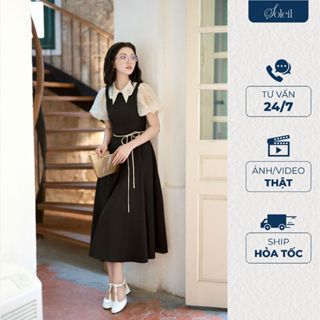 Váy Nữ Tay Bồng Thiết Kế Dáng Dài SOLEIL Cổ Điển Phối Nơ Đá Thắt Eo Tiểu Thư - LÉNA DRESS VD24