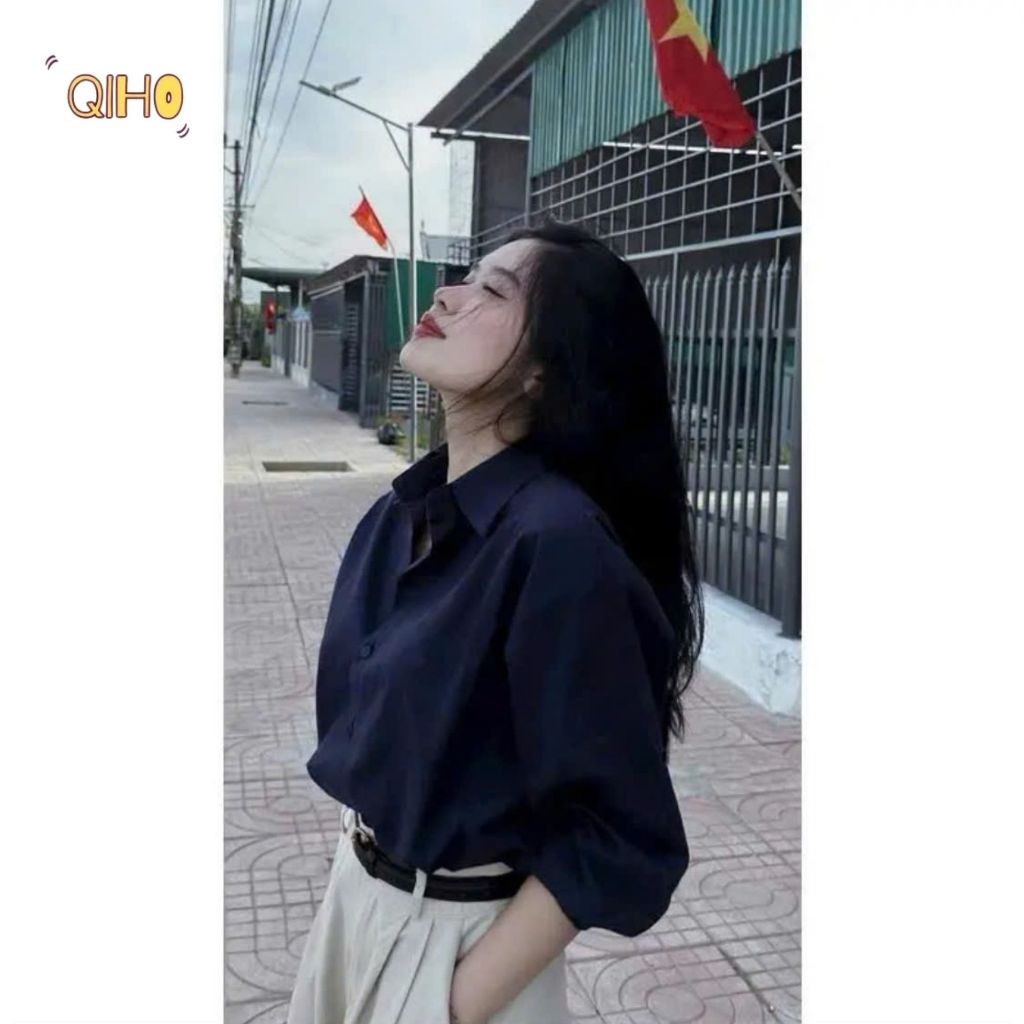 Áo sơ mi thêu ngựa tay dài, áo sơ mi nữ dài tay phong cách Hàn Quốc, áo sơ mi kiểu form rộng Qiho store | BigBuy360 - bigbuy360.vn