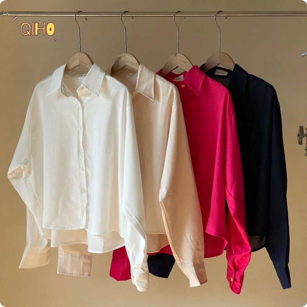 Áo sơ mi thêu ngựa tay dài, áo sơ mi nữ dài tay phong cách Hàn Quốc, áo sơ mi kiểu form rộng Qiho store | BigBuy360 - bigbuy360.vn
