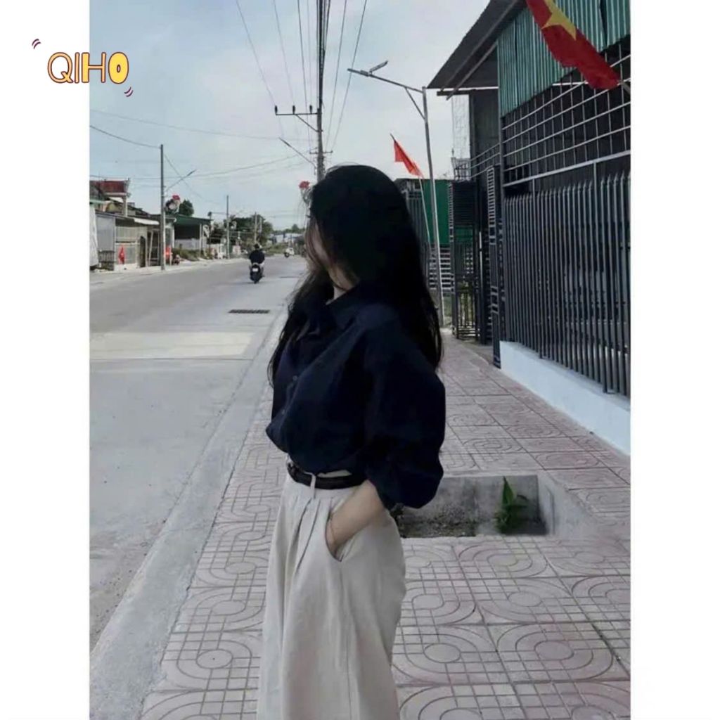 Áo sơ mi thêu ngựa tay dài, áo sơ mi nữ dài tay phong cách Hàn Quốc, áo sơ mi kiểu form rộng Qiho store | BigBuy360 - bigbuy360.vn