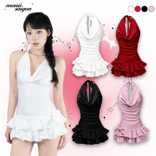 [Tặng kèm quần bảo hộ] Đầm lụa dự tiệc MONÁ cổ đổ hở lưng phối nơ - EMILY DRESS