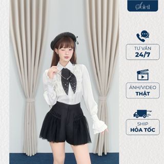 Áo Sơ Mi Trắng Thiết Kế Kiểu Nữ Cổ Nhọn Tay Bồng  Tiểu Thư Kèm Vạt Nơ Soleil - Tegan Shirt A02