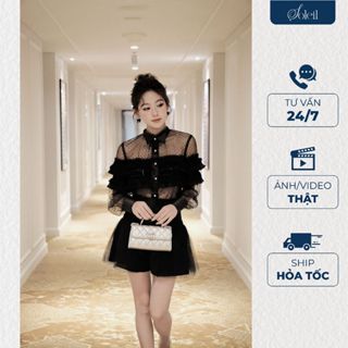 Quần Shorts Nữ Tafta Phối Lưới Dáng Ngắn Xòe Bồng Cạp Cao  Sang Trọng Soleil  - Roxie Shorts Q01