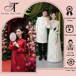 Cặp áo dài Giao Duyên , áo dài ăn hỏi dáng xuông 4 tà cổ tròn tay loe dài thiết kế điểm nơ  nhẹ nhàng