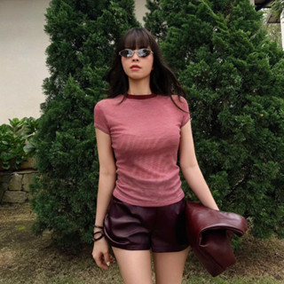 [COLIN CLOTHING] Áo thun len mỏng sọc nữ form ôm basic tay ngắn