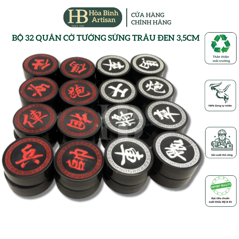 Bộ quân cờ tướng sừng trâu đen, gồm 32 quân cờ KT: 3,5x1,2cm HBA Hòa Bình Artisan - Cờ sừng trâu hàn