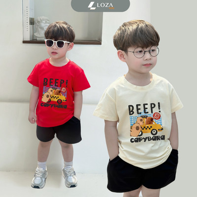 Bộ đồ cộc bé trai Capybara lái xe - Quần áo trẻ em nam (áo thun+quần đùi) size từ 15-40kg - Loza Kids SB241