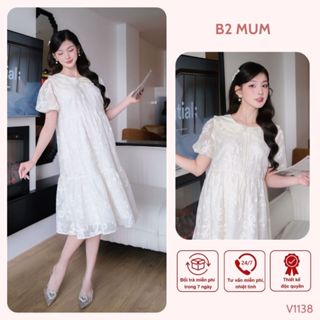 Váy bầu tơ thêu 2 lớp cao cấp có lớp lót và cúc điều chỉnh sườn V1138 thiết kế by B2MUM