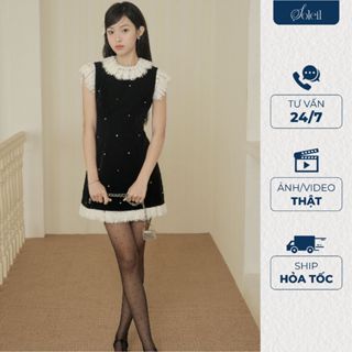 Váy Đầm Thiết Kế Nữ Không Tay Dáng Ngắn Màu Nhung Đen Phối Ren Đính Đá Tiểu Thư Sang Chảnh Tiệc SOLEIL - Cara Dress VD21