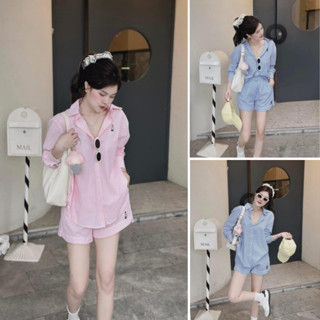 Set Đồ Nữ Áo Sơ Mi Tay Dài Kèm Quần Ngắn Kẻ Sọc Bộ Đồ Nữ Thêu Gấu Cao Cấp