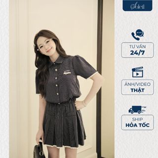 Váy Thiết Kế Kiểu Nữ Ngắn Tay Cổ Sơ Mi Nhún Eo Xếp Ly Viền Ren Màu Xanh Navy & Be Kẻ Sọc Trắng SOLEIL - Bambi Dress VD16