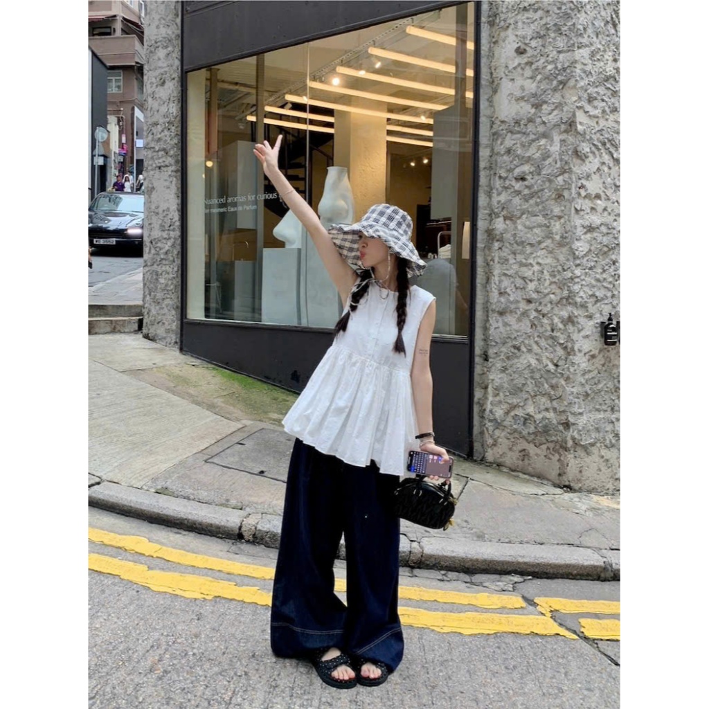 Áo sơ mi dáng dài babydoll xếp ly Yummy họa tiết hoa, Áo kiểu sát nách đáng yêu S27 | BigBuy360 - bigbuy360.vn