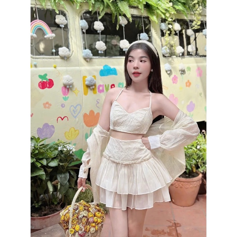 ( hàng sẵn HCM) BiKiNi Thời Trang Set 3 món chân váy áo bra kèm sơ mi voan , cho các nàng đi biển | BigBuy360 - bigbuy360.vn