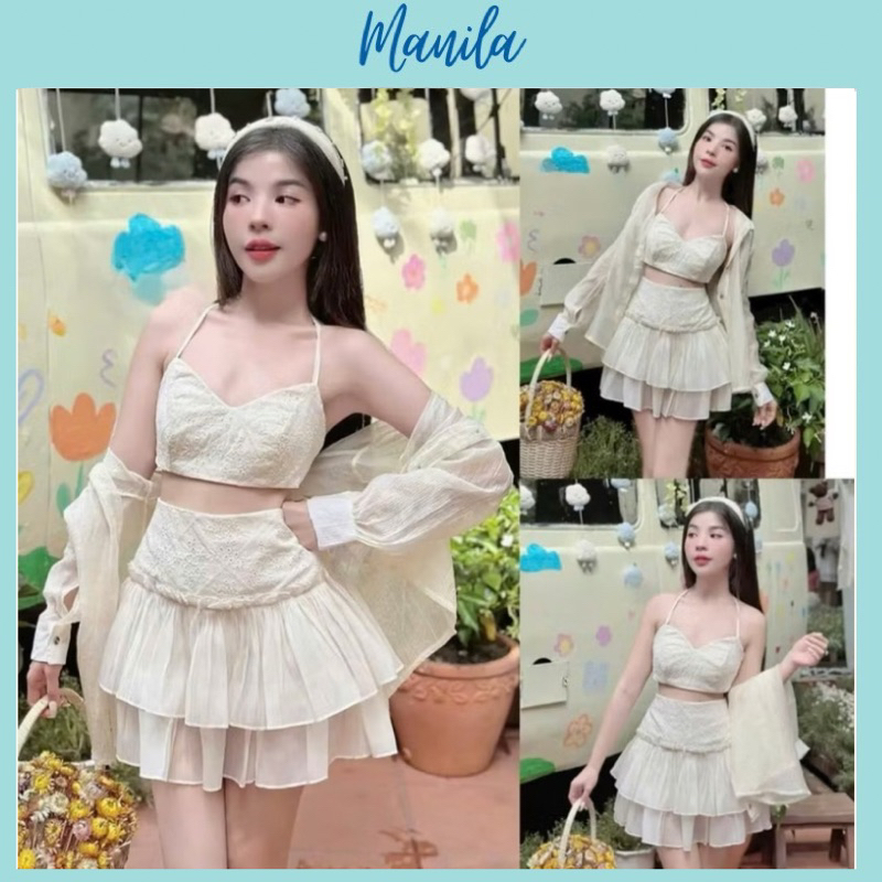 ( hàng sẵn HCM) BiKiNi Thời Trang Set 3 món chân váy áo bra kèm sơ mi voan , cho các nàng đi biển