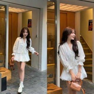   S2.3082  Set Áo Thô Boi Thêu Nơ QC Buộc Dây Cổ V Mix Quần Bí Phồng 2 Lớp  quần cạp chun  