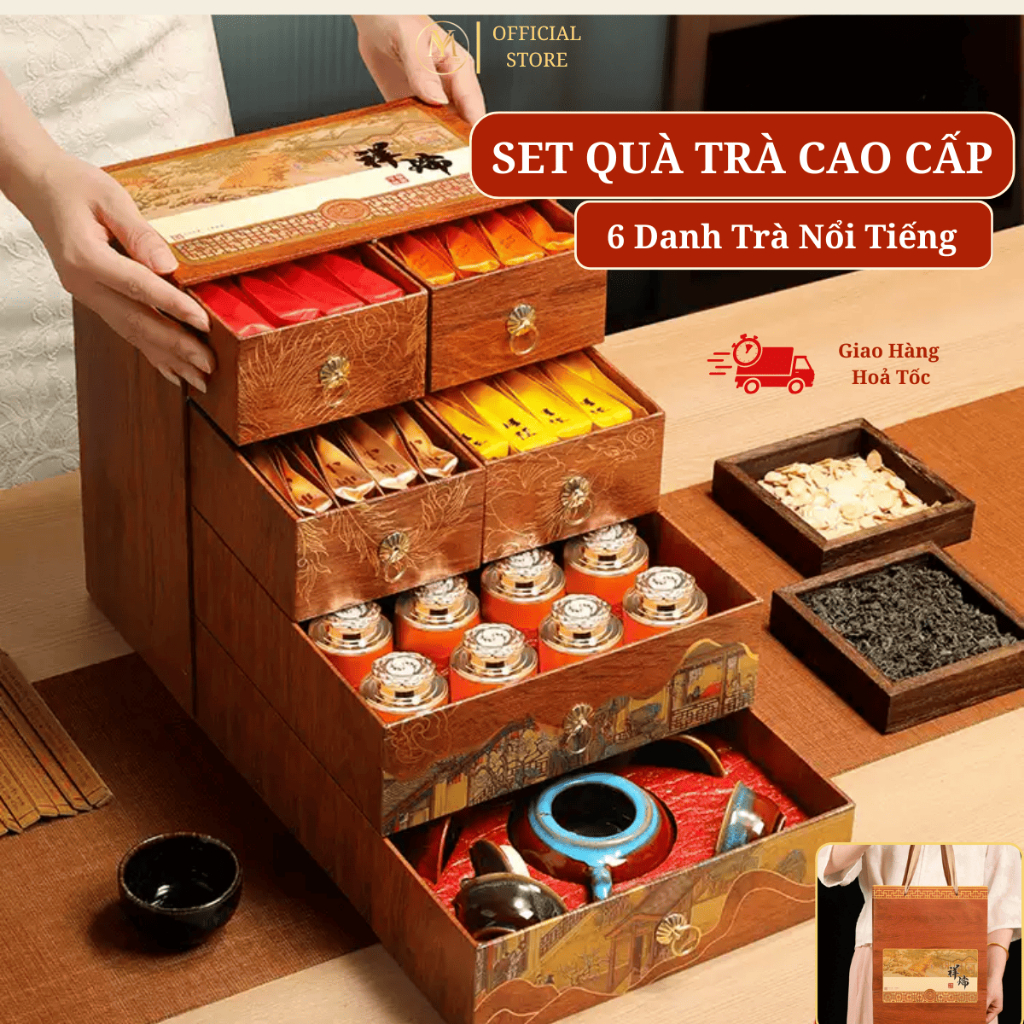 Set Trà Quà Tặng Kèm Bộ Ấm Cao Cấp AN KHANG THỊNH VƯỢNG Hộp Gỗ Sang Trọng Biếu Sếp, Người Thân
