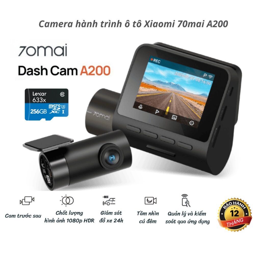 Camera hành trình 70mai A200, bản Quốc tế, chất lượng full HD 1080P, hàng chính hãng, có camera sau