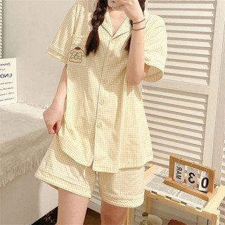 Set Đồ Nữ - PM10, Họa Tiết Kẻ Caro Màu Vàng Dễ Thương, Đồ Bộ Nữ Pijama, Đồ Ngủ Mặc Nhà Ngắn Tay Cài Cúc Trẻ Trung Mùa Hè