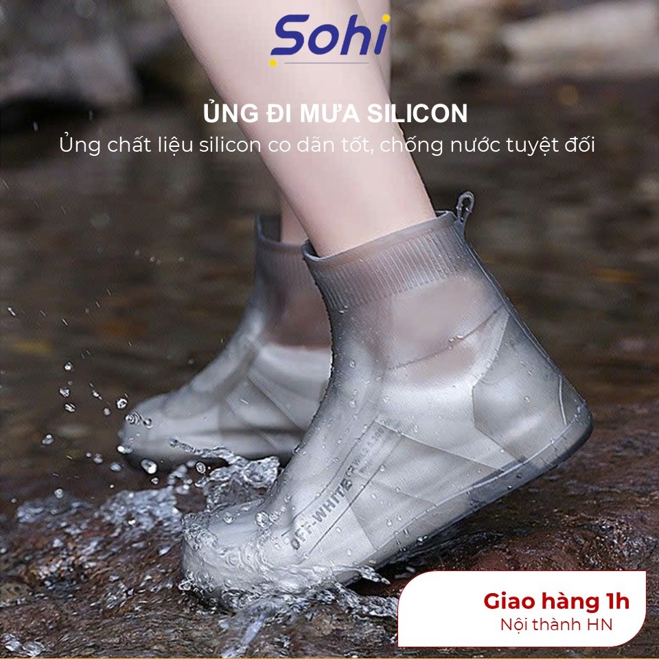 Ủng đi mưa SOHI, bọc giày Silicon đàn hồi đi mưa cổ cao, 2 đế ma sát tốt, chống trơn ngã, chống bắn dính bẩn