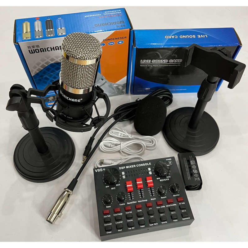 Combo micro thu âm live stream BM900 Woaichang + Sound card V8S+ bluetooth tặng tai nghe giá đỡ
