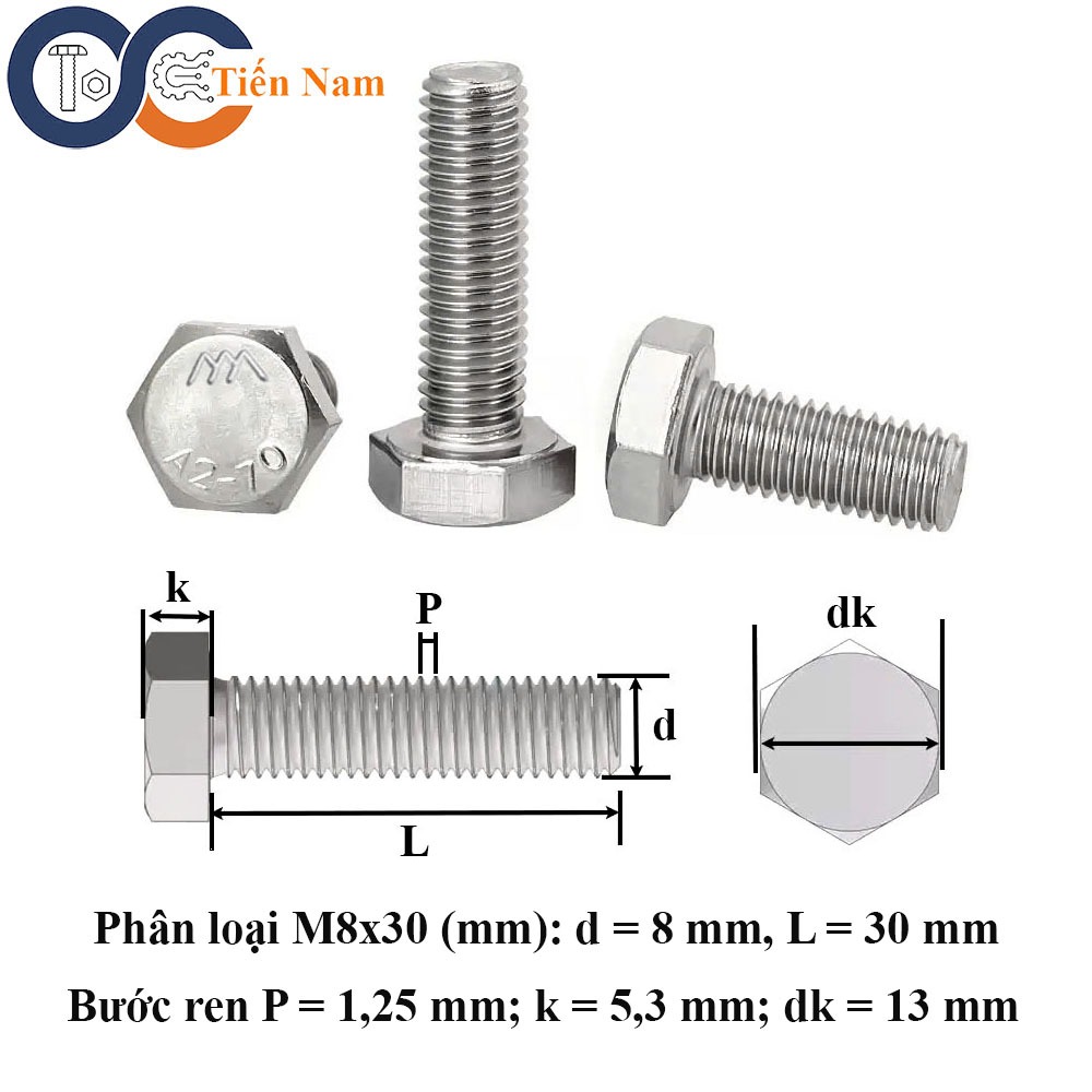 Bu lông lục giác ngoài ren suốt DIN 933 inox 304 M8x30 - túi 5 con