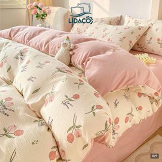 Bộ vỏ chăn ga gối cotton đũi LIDACO họa tiết vintage phù hợp với mọi cỡ nệm