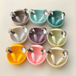   MS 03  Set thìa dĩa tập xúc inox M40 và bát ăn dặm silicon Ốc Sên cho bé 