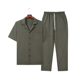 Đồ Bộ Nam Áo Cổ Vest Quần Dài Đũi Mát Nhẹ Thấm Hút Mồ Hôi Nhanh Màu Đen Trắng Xám Rêu