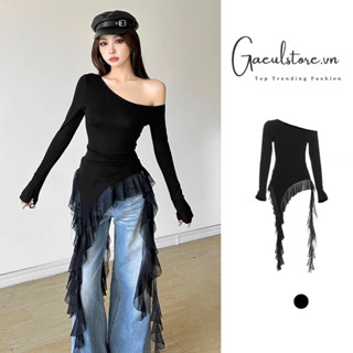 Áo lệch vai thun lưới Y2K tua rua đuôi cá trendy