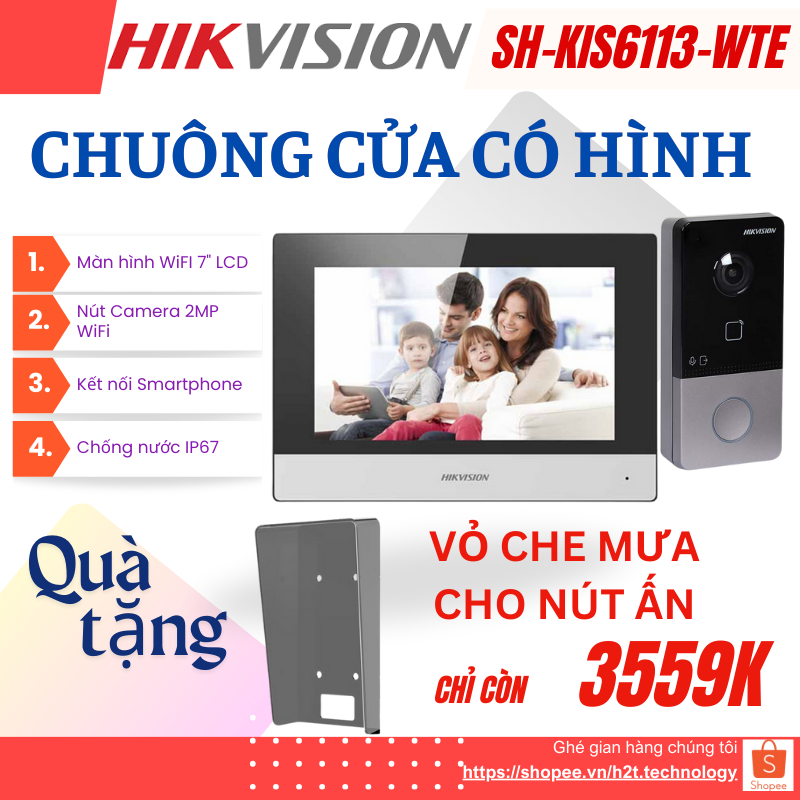 Chuông cửa có hình Hikvision SH-KIS6613-WTE,màn hình Wifi 7inch,Camera wifi 2MP, kết nối smartphone