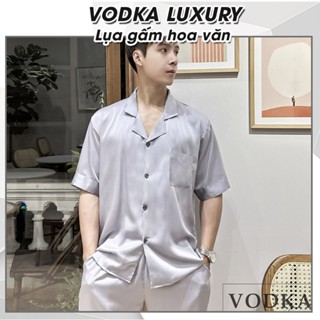 Đồ ngủ nam pijama nam VODKA LUXURY lụa Tô Châu cao cấp bộ cộc mặc hè thoải mái, nhẹ nhàng màu ghi tôn da T06N
