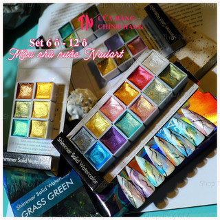 Set 6 ô,12 ô màu nước có nhũ xà cừ, ánh kim metalic vẽ móng tay nail, vẽ được trên giấy dụng cụ làm móng tay nail