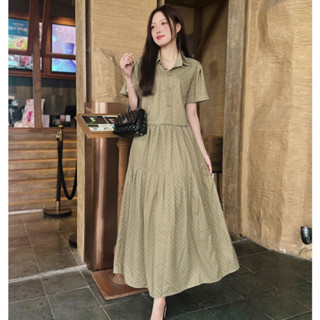  Set áo váy maxi công sở thiết kế cổ bẻ tay ngắn chấm bi nhỏ đi biển đi làm có bigsize U&M  Set-02  