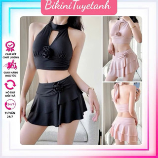 Set bơi áo yếm mix chân váy xếp tầng đính hoa trà  siêu xinh