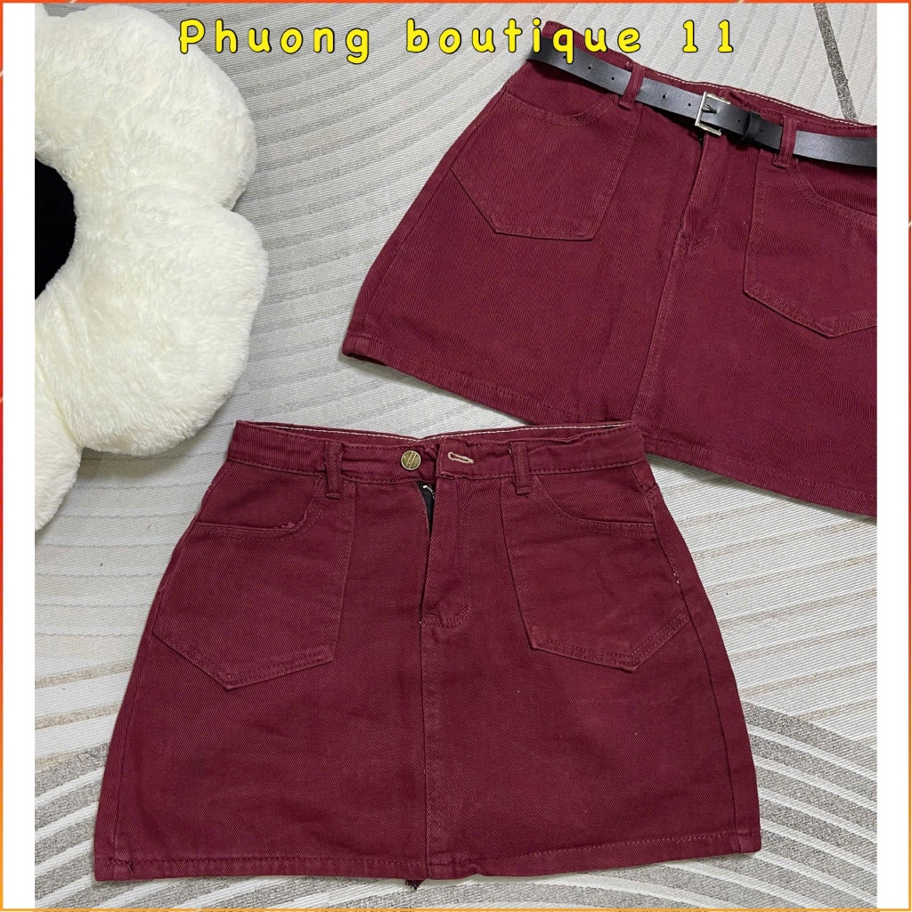 Chân váy jeans ngắn chữ A lưng cao, váy bò túi nhọn có kèm ảnh thật