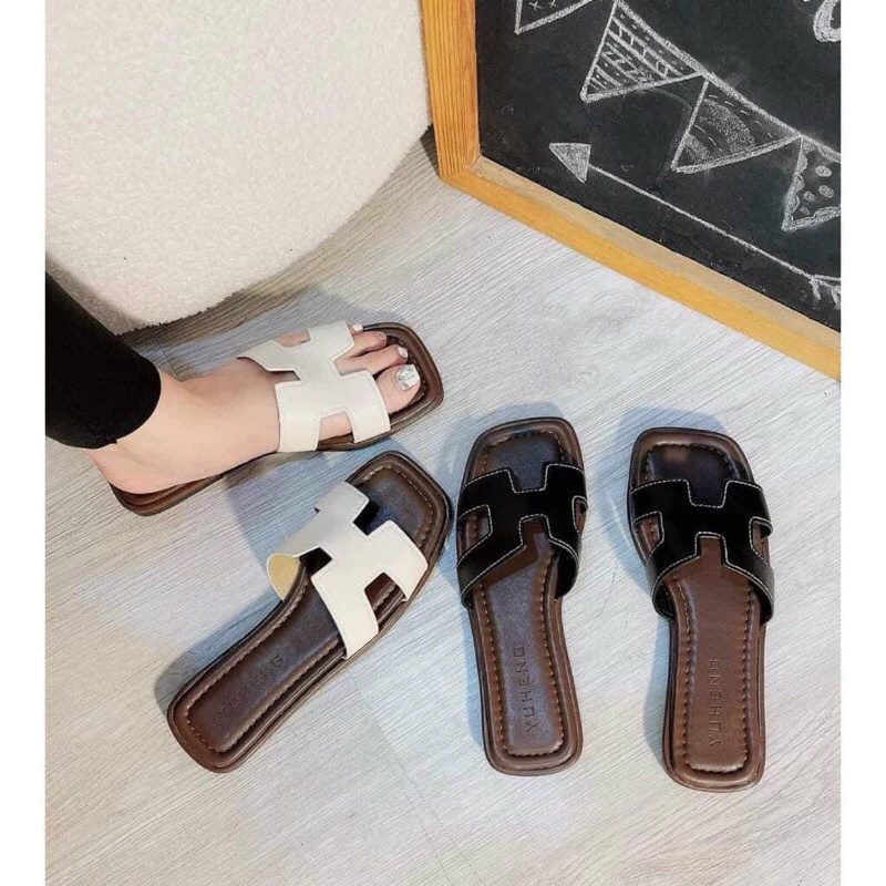 DÉP NỮ CHỮ H ĐẾ BỆT MÀU TRẮNG - ĐEN