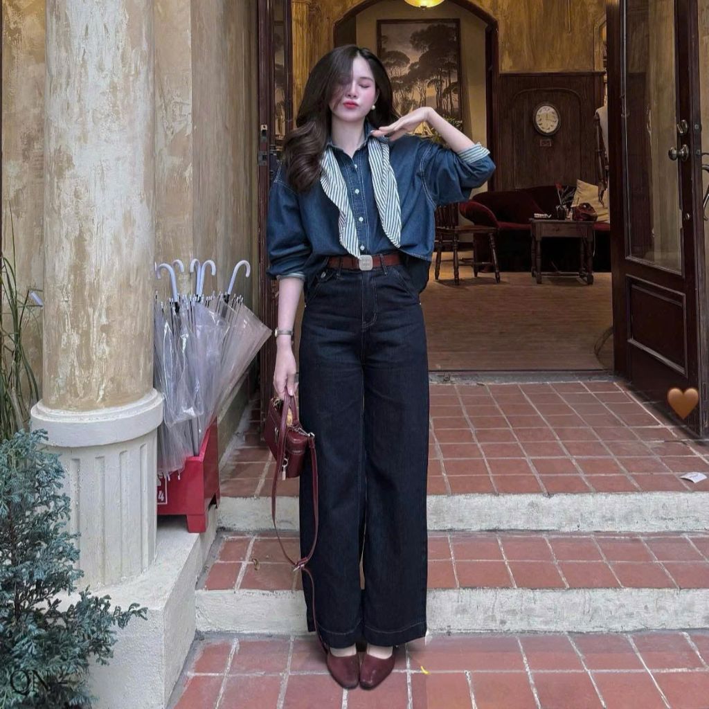 Sơ mi bò nữ TH Fashion kèm khăn sang chảnh, phong cách hàn quốc