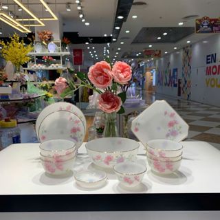 Bộ bát đĩa 12 sản phẩm viền vàng 22K họa tiết hoa màu hồng Thủy Tinh Ngọc USA Home Set cao cấp nhập khẩu chính hãng