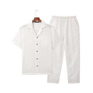 Bộ Đũi Nam Áo Cổ Vest Tay Ngắn Quần Dài Đũi Mát Nhẹ Thấm Hút Mồ Hôi Nhanh