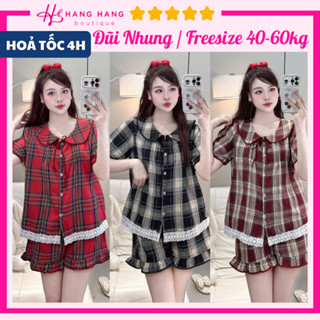  Đồ ngủ nữ 40-60kg pijama đùi ngắn tay bo cổ sen đũi nhung dày dặn 60CC06 đồ bộ nữ đồ mặc nhà tiểu thư caro dễ thương 