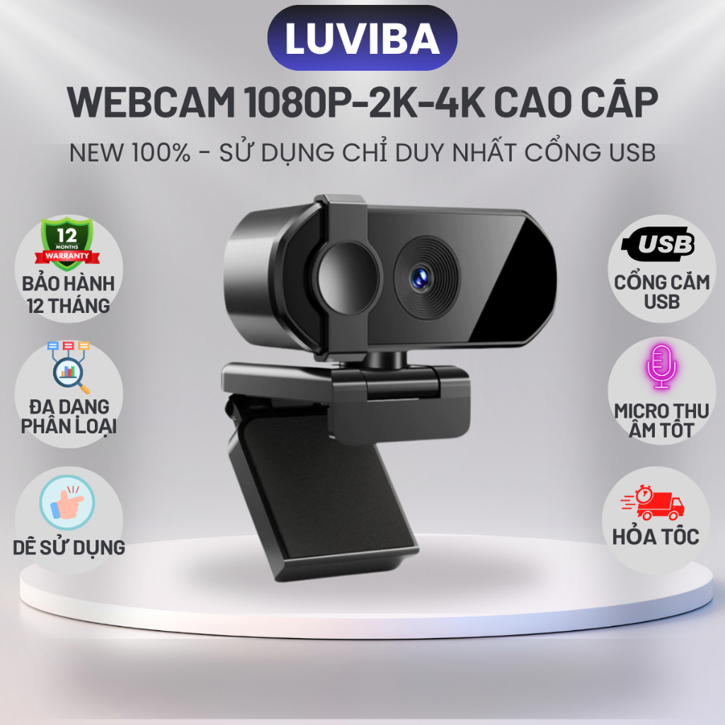 Webcam pc 2k 4k livestream máy tính, camera laptop pc có mic cao cấp LUVIBA WC12