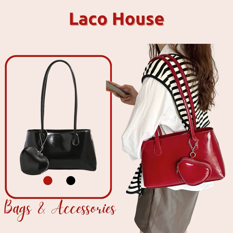 Combo túi xách và túi charm tim nhỏ ᥫ᭡。 Túi xách đeo vai nữ da PU dáng chữ nhật T119