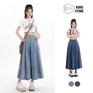 Chân váy jeans nữ dáng dài xoè cạp cao tôn dáng, chân váy bò nữ xanh đen hottrend KoKo CVD62