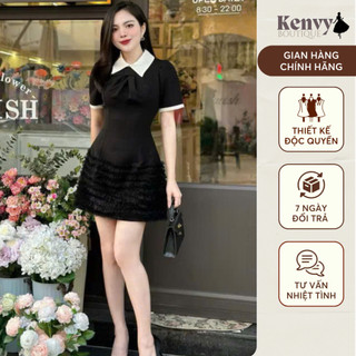 Đầm Nữ Cộc Tay Kenvy BOUTIQUE Thiết Kế Cổ Sơ Mi Chất Tuyết Mưa Phối Tơ Bèo Sóng Màu Đen N85