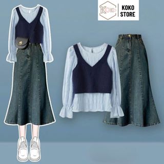 Chân váy jean nữ dài xòe đường gân nổi cá tính tôn dáng phong cách Ulzaang Hàn Quốc hottrend KoKo CVD 71