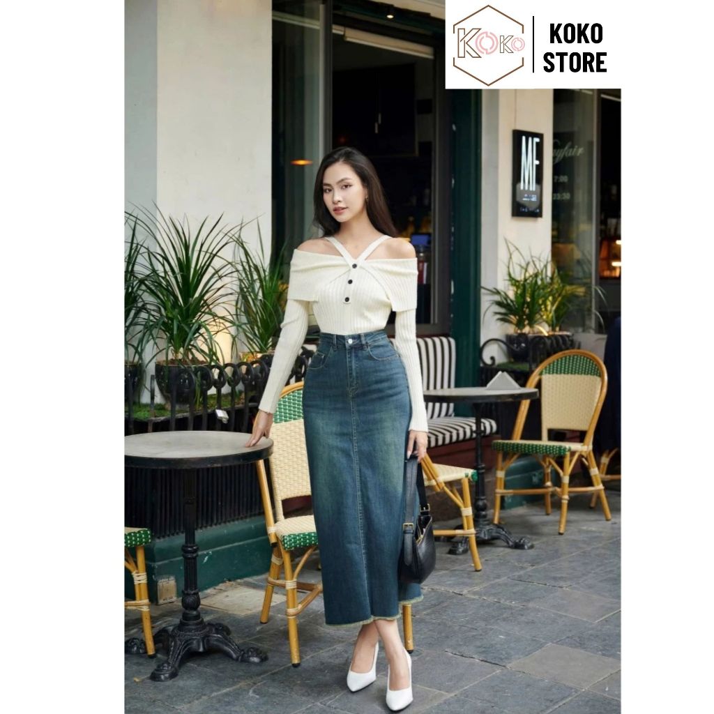 Chân váy jean nữ dài chữ a xẻ váy bò cạp cao tôn dáng mùa thu đông hottrend 2024 CVD 82