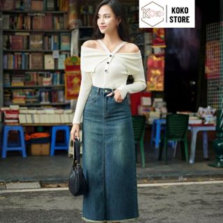 Chân váy jean nữ dài chữ a xẻ váy bò cạp cao tôn dáng mùa thu đông hottrend 2024 CVD 82